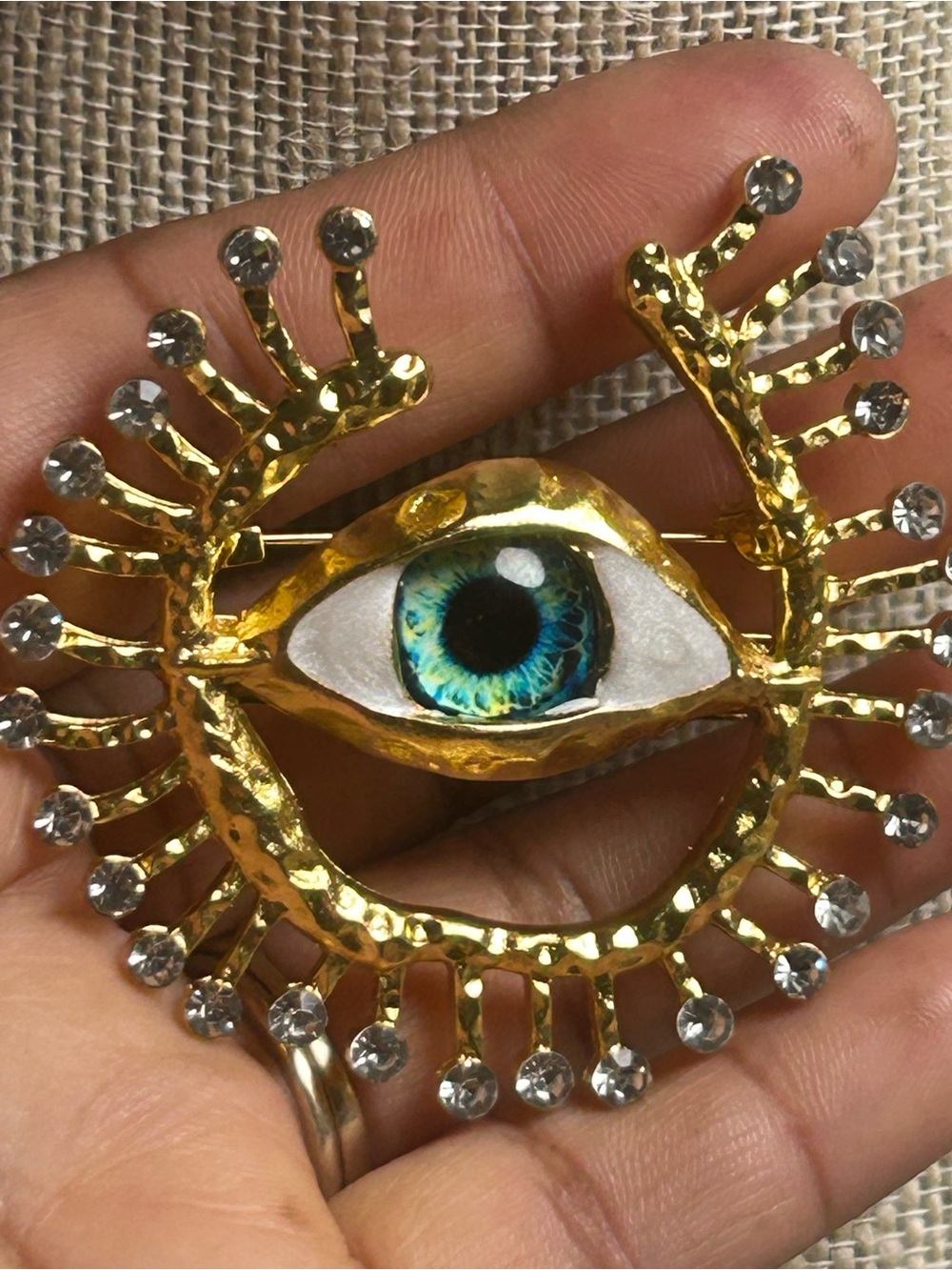 Gold Eye Brooch with Blue Iris and Crystal Accents